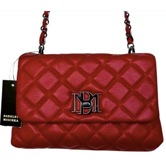 Badgley Mischka Designer Quilted Leather Red Silver Crossbody Purse - Picture 1 of 5